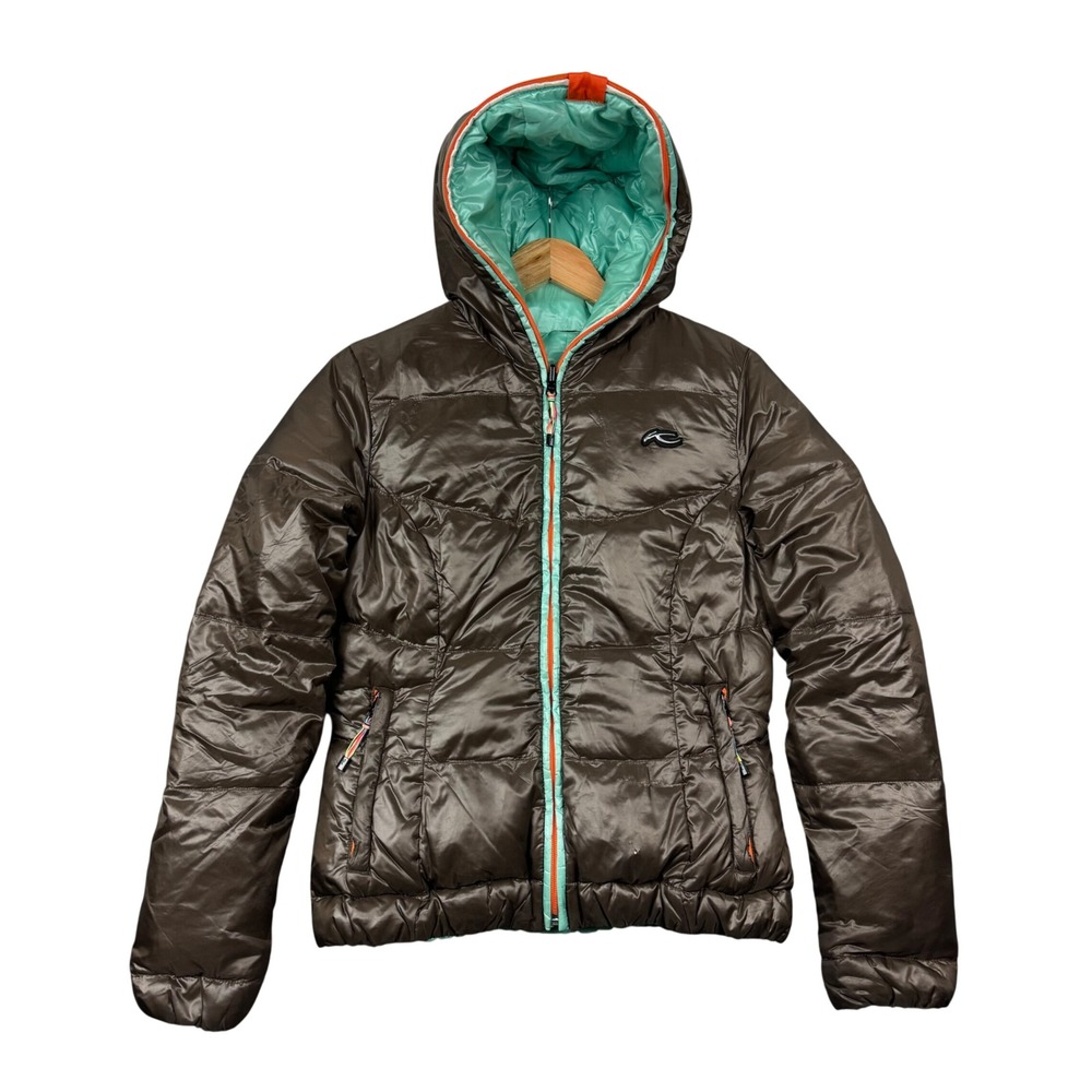 KJUS Womens Reversible Down Puffer Jacket Brown Mint Green Hooded Ski Coat